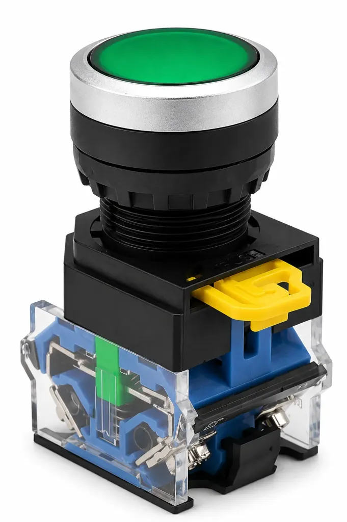 Кнопка управления зелёный c фиксации  LA155-B8-11TD 220v (Nura Electric)